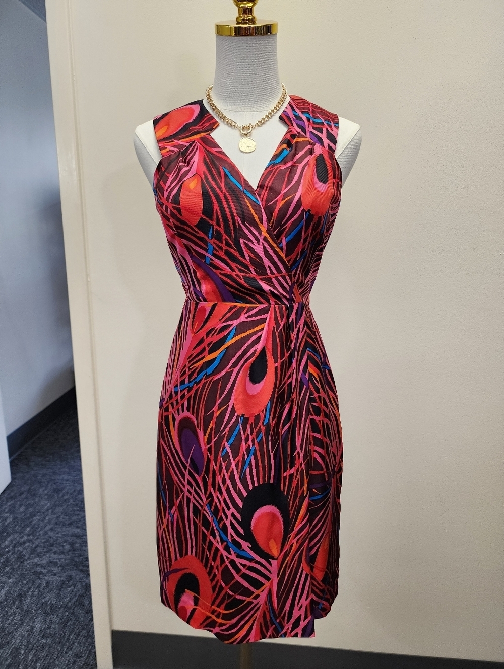 Milly Of New York Pink Black Abstract Print Sleeveless V Neck Midi Dress Size 0